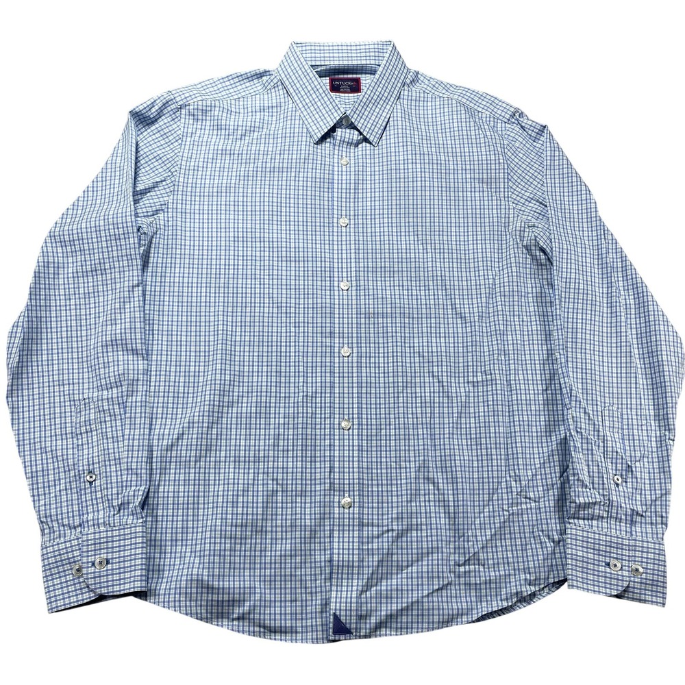UNTUCKit Shirt Mens Large Blue Check Wrinkle Free Cotton Button Front Casual